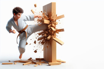 A karateka breaks a wooden board. Space for text.