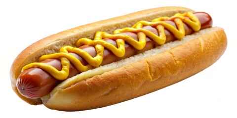 Plump Hot Dog with Mustard on Bun Crisp Macro View of Savory Delight, Appetizing Fast Food Concept, Ideal for Menus and Promotion
