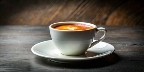 Obraz premium Morning Bliss Romantic Heart-Shaped Espresso on Rustic Wooden Table - Warm coffee cup with heart foam on dark wood background exudes intimacy and elegance