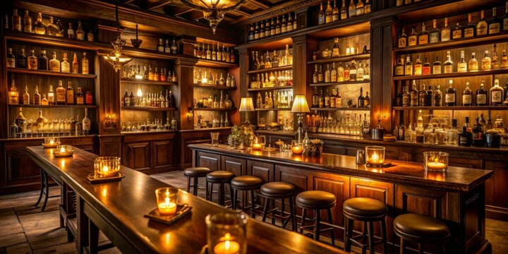 Opulent Speakeasy Bar with Warmly Lit Dark Wood Counters, Luxurious Liquor Bottles, and Elegant Decor for Exclusive Events, Nightlife Concept