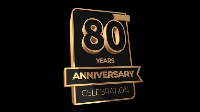 80 years, 80th anniversary logo, loop, looped video in 3D Gold with Alpha channel,  isolated transparent background
