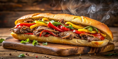Juicy Steak Sandwich on Rustic Wooden Board - Savory Delights for Food Lovers Flavorful Dining Concept with Sliced Steak, Peppers and Herbs - Gourmet Food Photography