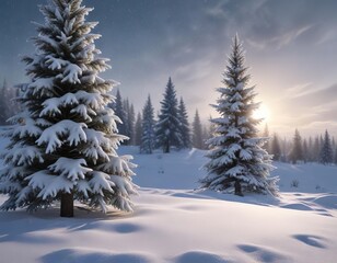 Fototapeta premium Frosty Christmas tree in the distance under a blanket of fresh snow with a silvery glow, serene landscape, peaceful evening, frosted pine
