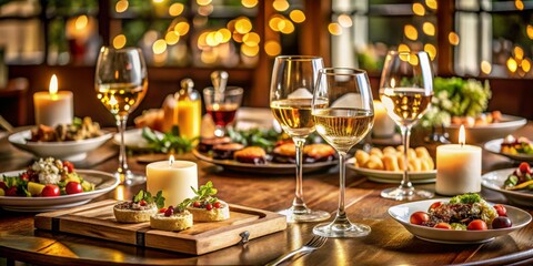 Fototapeta premium Golden Elegance Sophisticated Wine Glasses and Gourmet Appetizers on Stylish Table Setting in Romantic Candlelit Ambiance for Luxury Dining or Special Occasions