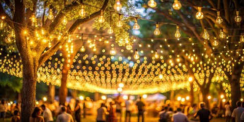 Obraz premium Glowing Festive Gathering Enchanting Edison Lights in Night Garden, Warm Romantic Atmosphere, Unfocused Group, Outdoor Event, Wedding Celebration