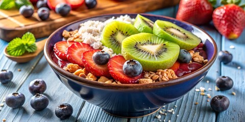 Fresh Berry Smoothie Bowl - Vibrant Blue Ceramic Bowl with Strawberries, Kiwi, Blueberries, Granola on Wooden Surface. Healthy Breakfast Concept