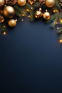 This festive scene features gold ornaments and pine branches with a string of lights set against a deep blue background, creating a warm and inviting atmosphere.