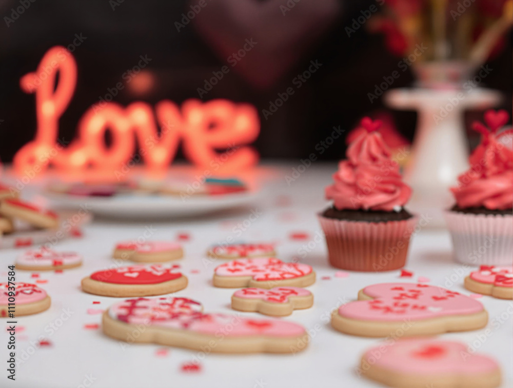 Poster a festive valentine’s day dessert table with heart-shaped cookies, cupcakes topped with red icing, a