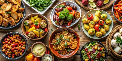 Fototapeta premium Extravagant Feast Abundant Rustic Dining Table with Varied Delicacies and Festive Ambiance