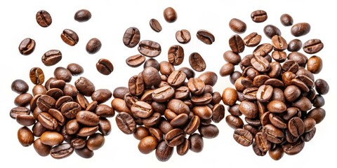 Naklejka premium Exquisite Coffee Bean Clusters Symmetrical Macro Composition of Rich Brown Beans on White. Fresh, Dynamic, Perfect for Coffee Ads and Packaging