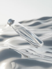 Transparent glass bottle floating over metallic liquid waves, evoking minimalism and futuristic design concepts.
