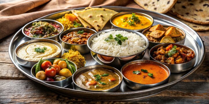 Exquisite Indian Thali Vibrant Curries, Rich Colors, and Savory Flavors Arranged on a Metallic Tray in Rustic Setting - Culinary Delight for Menus and Food Blogs
