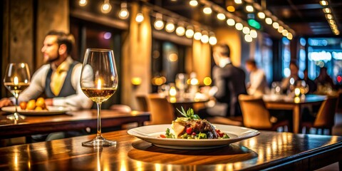 Fototapeta premium Elegant Dining Experience Rich Tones of Romance in Fine Restaurant Setting with Wine Glass and Gourmet Dish on Wooden Table - Intimate Luxury Dining Concept