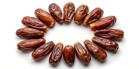 Obraz premium Dried Dates Circle Organic Richness Symmetry on White. Healthy Snack, Ramadan, Culinary Blog. Luxurious, Natural, Clean Eating Concept