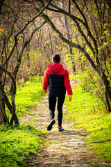 Obraz premium A middle-aged woman makes her way along a winding forest path, surrounded by the rich hues of autumn. Her sturdy backpack and trekking poles reflect a deep passion for adventure.