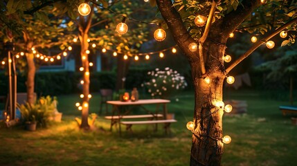 Fototapeta premium Outdoor string lights glowing in the garden at night