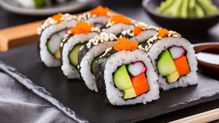 Photo of, A colorful plate of vegetable sushi rolls filled with cucumber, avocado