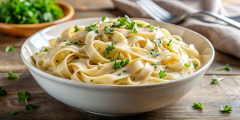 Delicious Fettuccine Pasta in White Bowl on Rustic Wooden Table - Savory Italian Cuisine for Food Blog Ads, Closeup Gourmet Comfort Food Elegance