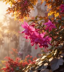 Fuschia flowers against a warm autumn background , warm, autumn, background