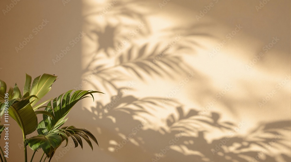 Poster a minimalist background with soft shadows of tropical leaves cast on a neutral textured wall, illumi
