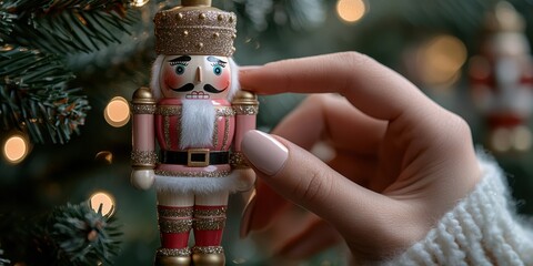 Festive hand reaching for a colorful nutcracker ornament on a beautifully decorated Christmas tree lit with warm lights