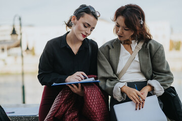 Two professional women engaged in a focused discussion while reviewing documents together. They are...