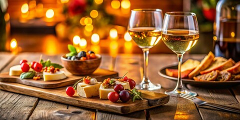 Fototapeta premium Artisanal Charcuterie and Wine Delights Rustic Wood Tasting Board with Gourmet Cheese and Berries, Festive Ambiance for Romantic Evening or Luxury Celebration