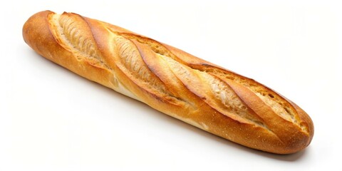 Artisanal Whole Baguette on White Background - Crisp Crust, Golden Texture, Fresh Bakery Concept - Bakery Advertisement Design Ideal for Packaging and Culinary Marketing