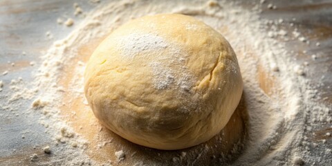 Obraz premium Artisanal Baking Concept Closeup of Smooth Dough Ball with Flour Dusting on Wooden Surface - Rustic Culinary Preparation Scene in Soft Lighting