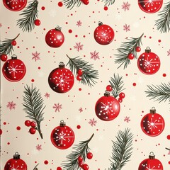 Decorative Christmas wrapping paper template featuring red balls, snowflakes, and fir branches in a retro-inspired holiday pattern