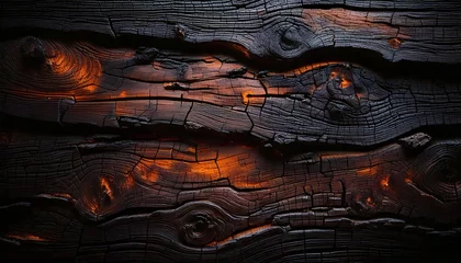 Selbstklebende Fototapeten Close-up of charred wood, glowing embers, intricate cracks and textures © borispain69