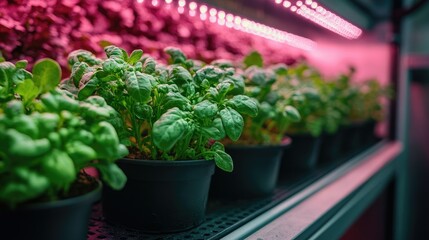Fototapeta premium Indoor garden with potted spinach under pink grow lights for optimal growth.