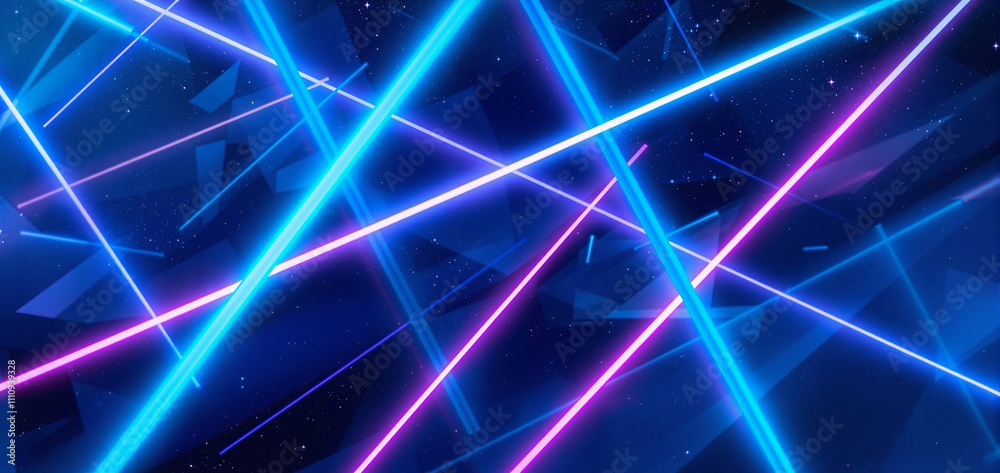 Poster  futuristic background featuring intersecting glowing neon lines in vibrant blue and pink tones, with a soft misty glow and subtle texture for depth.