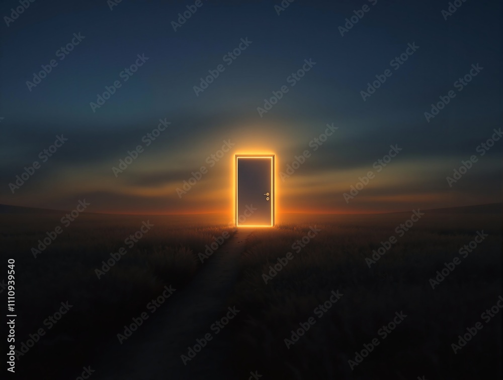 Poster a cinematic shot of a door standing alone in the middle of a field, glowing as though it leads to an