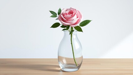 Fototapeta premium Glass vase with a delicate pink rose and greenery , floral arrangement, romantic decor, home decor ideas
