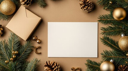 Obraz premium A blank sheet nestled in an envelope, surrounded by evergreen branches, pine cones, and golden ornaments, evokes a festive, holiday atmosphere and creativity.