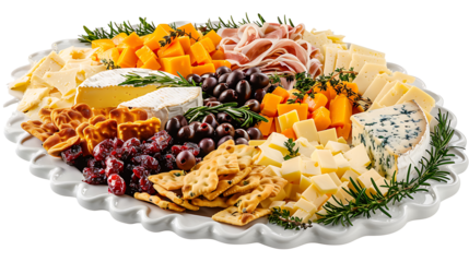 Assorted cheese platter with brie, cheddar, gouda, and blue cheese, elegantly arranged, isolated on white, cut out