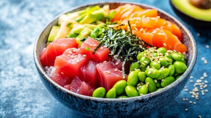 Photo of, A colorful poké bowl filled with marinated tuna, salmon