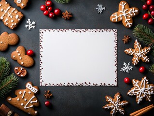 A delightful holiday card adorned with festive gingerbread cookies and winter-themed decorations, set on a dark background, emanating joy and celebration.