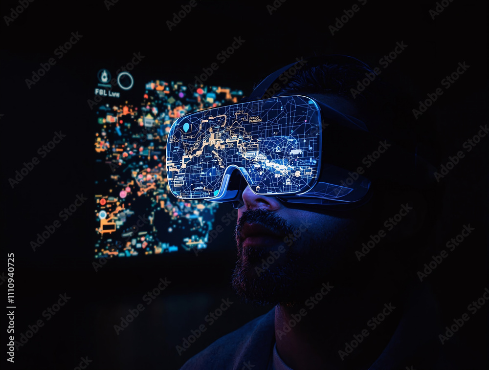 Poster a hyperrealistic image of virtual reality glasses projecting a 3d map in a dark room