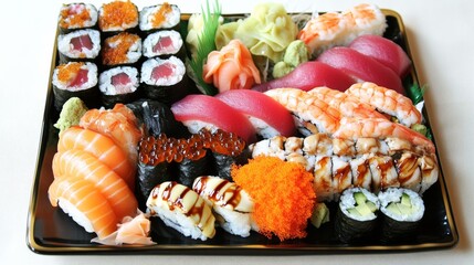 Photo of, A colorful sushi platter featuring nigiri and maki rolls, served with pickled ginger