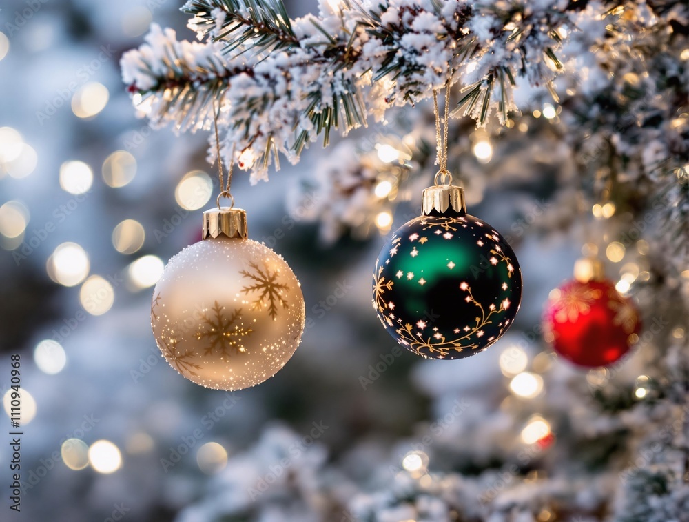 Aufkleber a festive close-up of christmas ornaments hanging on a frosted tree branch, with sparkling lights in