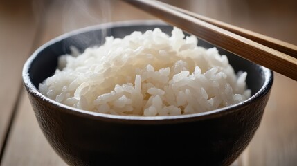 Steaming bowl of freshly cooked rice with chopsticks resting on the edge captured in warm natural lighting