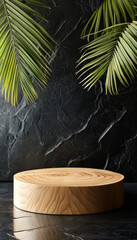 Cosmetic product presentation display podium mock up, Natural wooden plate podium on black stone background with palm leaf, Luxury product placement, ad, podium platform, product presentation space