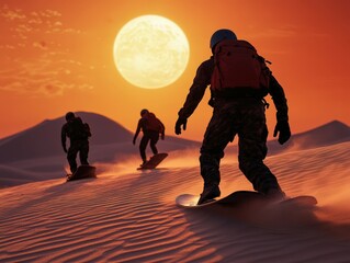 This image captures snowboarders traversing expansive desert dunes under a breathtaking sunset, showcasing a blend of adventure and natural beauty in a unique landscape.