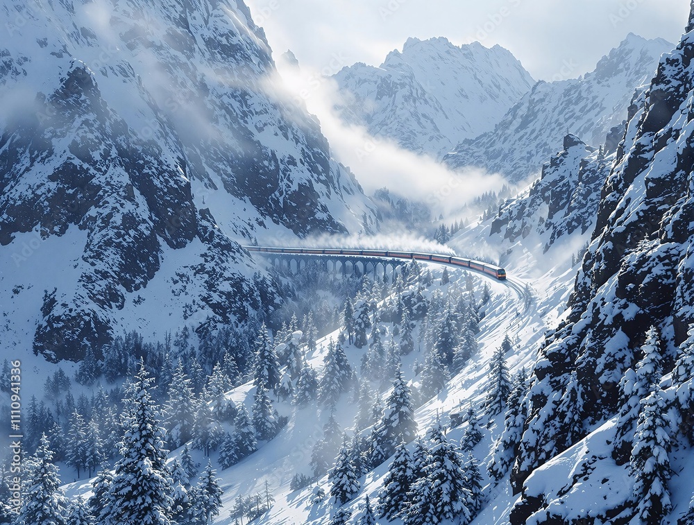 Poster shot of a train winding through a snowy mountain range, with steam creating soft trails in the air.