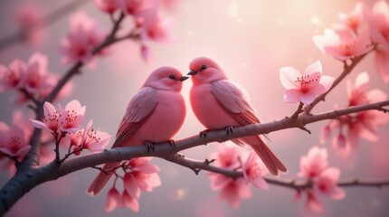 Two pink birds perched on a blossoming tree branch against a soft, pink background. Spring, nature, romance themes