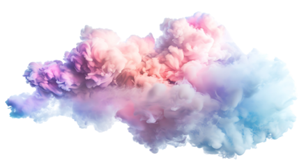 Cotton candy-like clouds in pastel hues of pink, blue, and purple, forming an ethereal sky, isolated on white