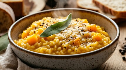 Photo of, A comforting bowl of butternut squash risotto garnished with sage leaves and grated Parmesan cheese, Butternut squash risotto served in a ceramic bowl with steam rising delicately