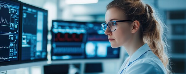 Health warning report concept. Focused woman analyzing data on multiple screens in a lab setting.